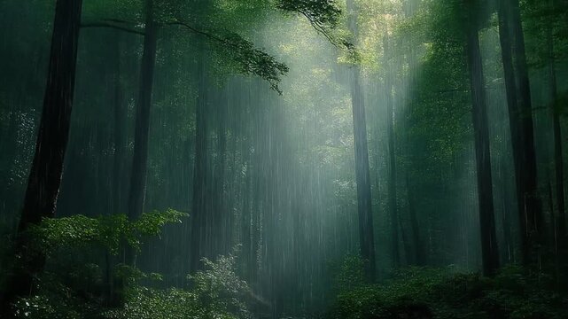 Misty forest with sunbeams piercing through trees during an ethereal dawn