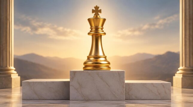 Golden chess king piece standing on a marble podium outdoors during sunset