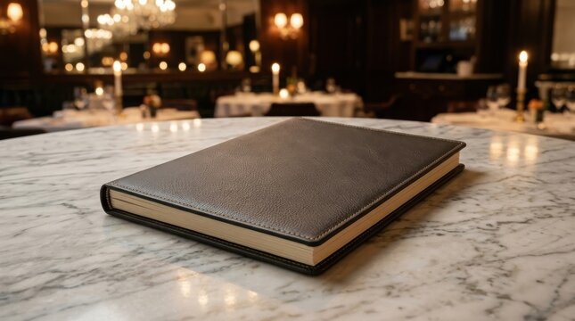Luxury Leather Menu Booklet Mockup on Marble Table.