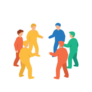 A small group of individuals in colorful outfits converse while standing in a circular formation.