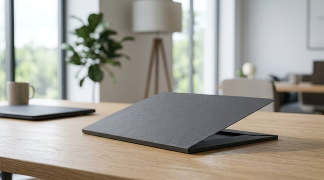 Black Presentation Folder Mockup on Wooden Table.