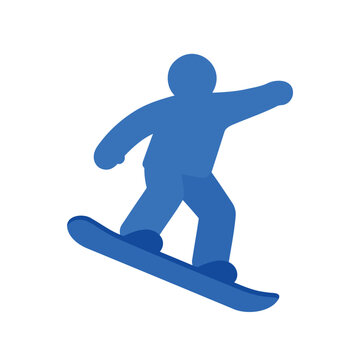 A simple, stylized blue figure is captured mid-action while snowboarding.