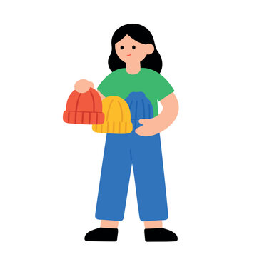 A person with black hair wears a green shirt and blue pants while holding red, yellow, and blue hats