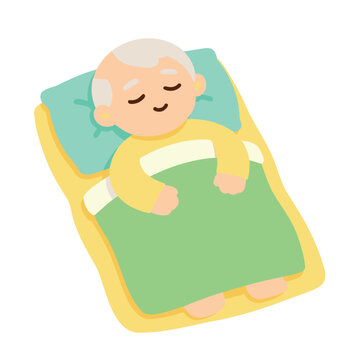 An elderly man with gray hair sleeps comfortably on a bed with a pillow and blanket.