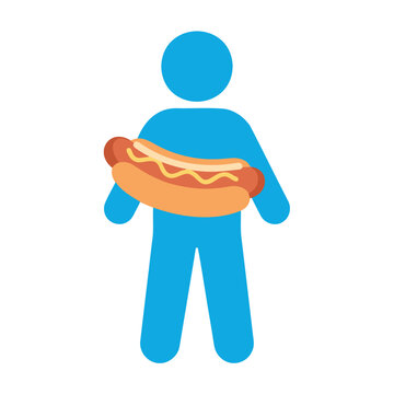 A flat icon depicts a stylized blue person holding a large hot dog with yellow mustard.