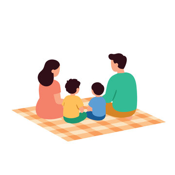 A mother, father, and two children are sitting on a blanket, seen from behind.