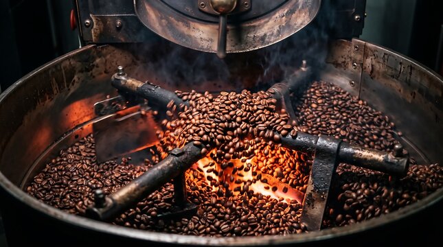 Industrial coffee roaster machine cooling roasted beans with metal rotating arms and steam.