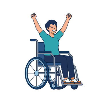 Happy person in wheelchair celebrating success with arms raised high