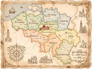 Fototapeta premium Vintage hand-drawn map of Belgium on antique parchment paper
