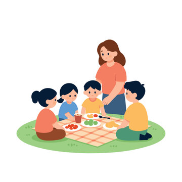 A mother and four children sit on a blanket in a park enjoying a simple meal together.