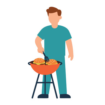A man wearing a teal shirt and pants grills burgers on a red charcoal grill.