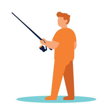 A person holding a fishing rod and reel is depicted in a flat illustration style.