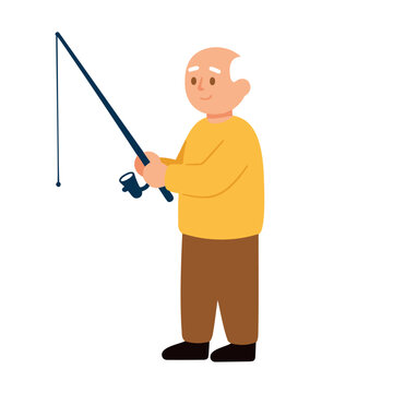 An elderly man with white hair and a yellow shirt holds a fishing rod and reel with his hands.
