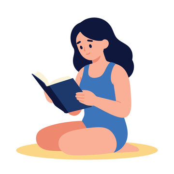 A woman wearing a blue swimsuit is sitting cross-legged on a yellow surface and reading an open book.