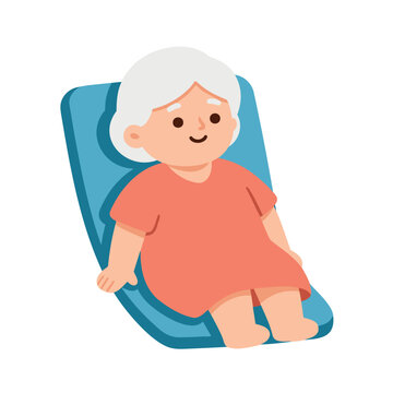 A cartoon illustration depicts an elderly woman with white hair and a cheerful expression sitting on a blue recliner.