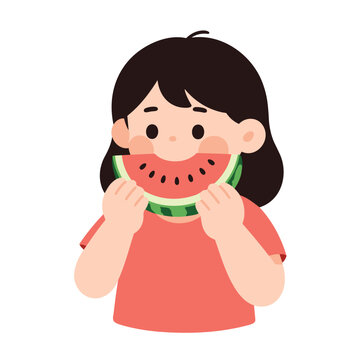 A young girl with dark hair and a red shirt eats a juicy slice of watermelon with her hands.