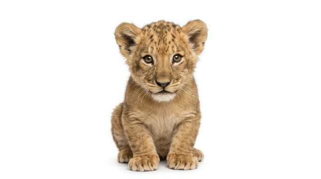 Adorable young lion cub sitting isolated on a white background with baby lion big cat wild cat cute animal safari animal zoo animal small lion animal kingdom wildlife photography predator cat