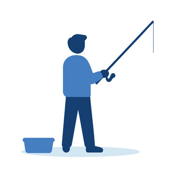 A solitary figure stands in profile, holding a fishing rod and a bucket.