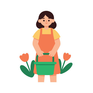 A young girl stands in the garden wearing an apron and holding a bucket surrounded by blooming tulips.