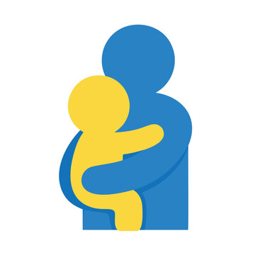 An abstract adult figure embraces a smaller abstract child figure in a comforting and caring gesture.