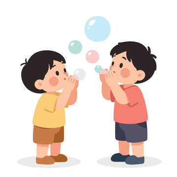 Two young boys are joyfully blowing soap bubbles, creating a whimsical scene with floating spheres.