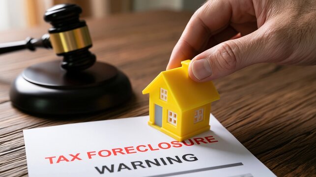 Tax Foreclosure Warning Document with Model House and Gavel