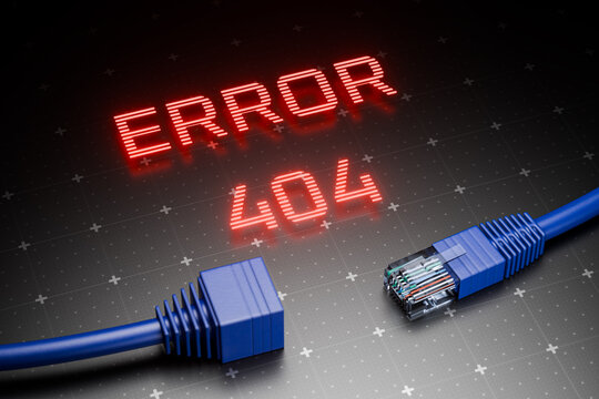 Page loading error. 404 error page concept ("Page Not Found"). Unknown page. RJ45 internet plug disconnected. 3d render
