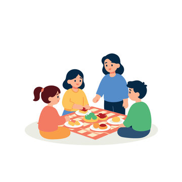 A mother and her three children are gathered around a blanket, eating food.