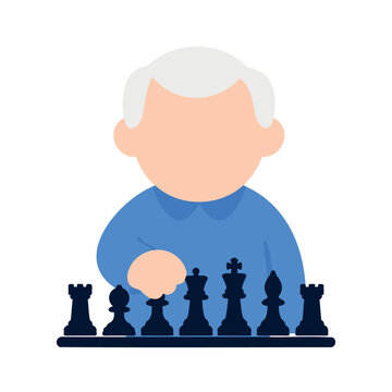 An abstract illustration shows an elderly person with white hair wearing a blue shirt playing chess.