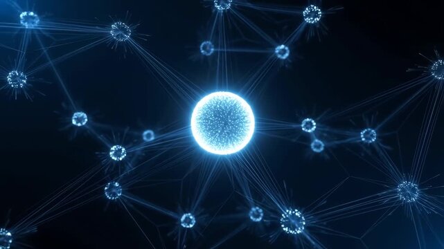 Glowing blue virus molecule network structure with connected particles representing bio technology and medical research 3D render