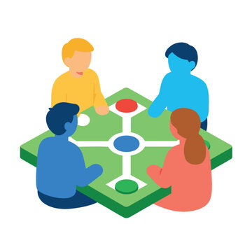Four stylized figures gather around a green square game board with colored pieces