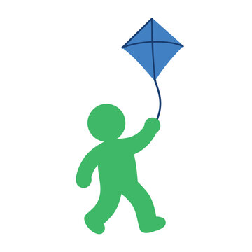 A green abstract figure runs with a blue kite on a string against a white background.