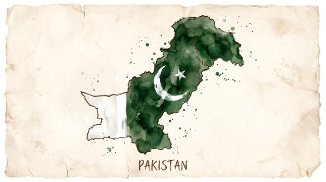 Watercolor map of Pakistan with flag on vintage parchment paper
