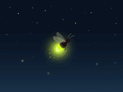 Pixel Art Firefly Glowing in Night Sky with Stars and Water Reflection