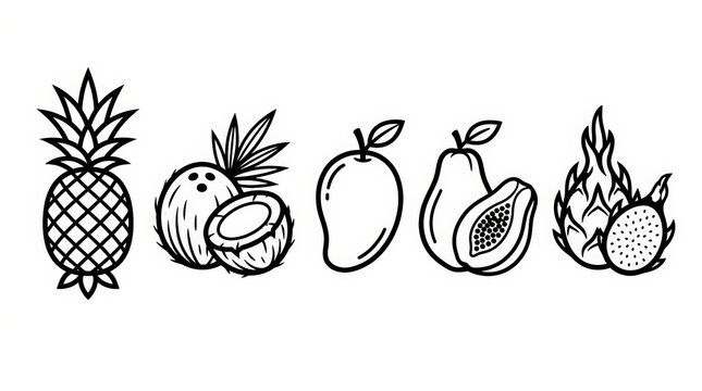 Set of hand drawn tropical fruit icons featuring pineapple coconut mango papaya and dragon fruit in a clean black and white line art style