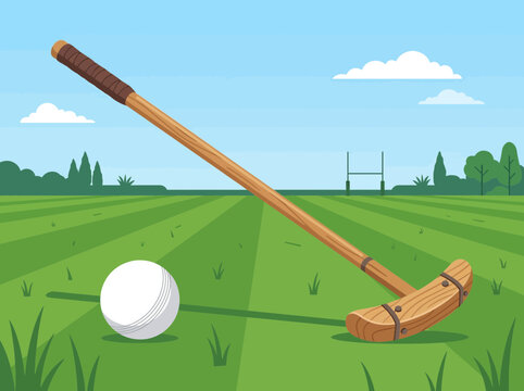 Croquet mallets and ball on a sunny green lawn with a wicket and trees in the background outdoor sport illustration