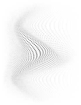 Abstract halftone dot pattern background featuring a warped grid and distorted wave distortion effect in black and white for modern graphic design