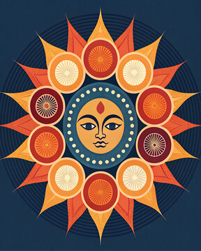 Tenfold Sun Experimental poster with ten overlapping abstract suns creating a powerful circular composition, inspired by the symbolism of ten forms, saffron, vermilion, bronze and midnight blue.