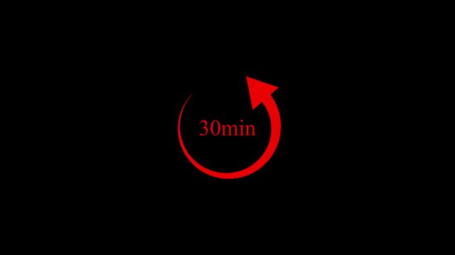 Red 30 minute countdown timer with rotating arrow on black background 4k motion video..
