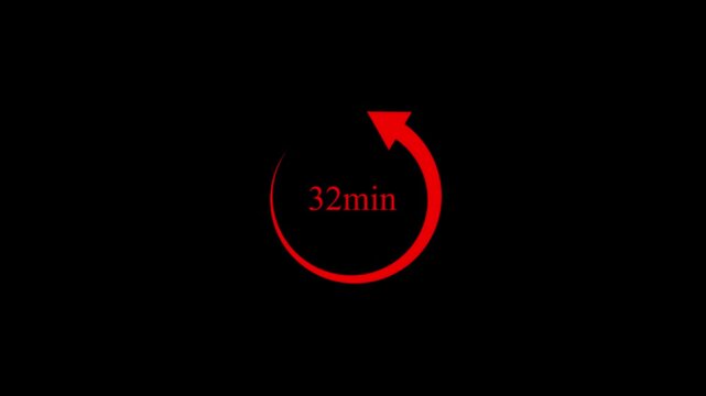 Red 32 minute countdown timer with rotating arrow on black background 4k motion video..