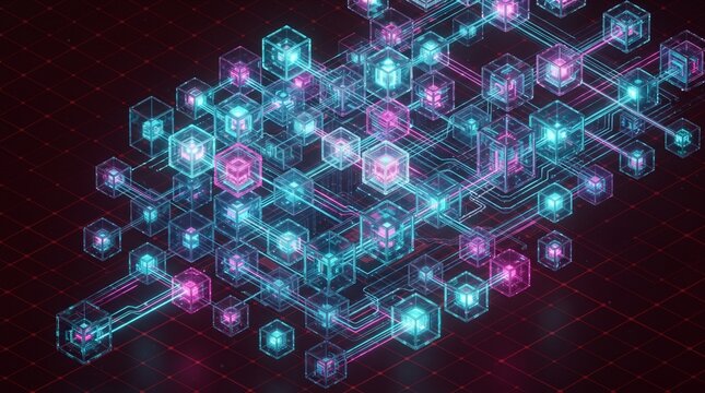 Isometric futuristic blockchain network with glowing neon nodes and cubes