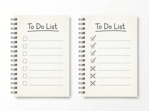 Minimalist spiral-bound notepads showing checked and unchecked to-do list tasks for productivity planning