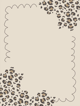 Blank rectangular invitation card layout with cute hand drawn leopard spots corner border frame on beige
