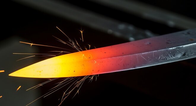 Glowing metal blade being forged in a workshop.