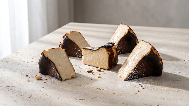バスクチーズケーキ slices of delicious burnt Basque cheesecake arranged on a textured stone table top surface