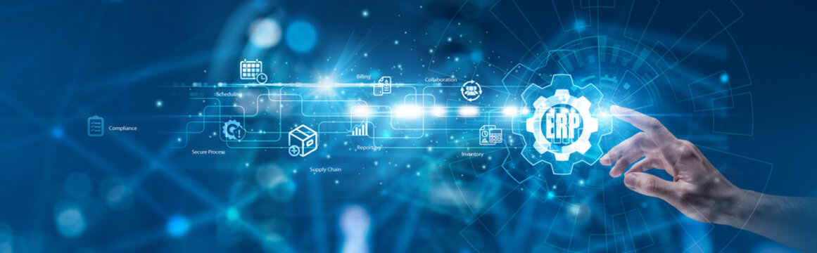 Enterprise Systems. Director pointing the hand at glowing resource planning flowchart and integrated operational metrics. Enterprise software and business control.