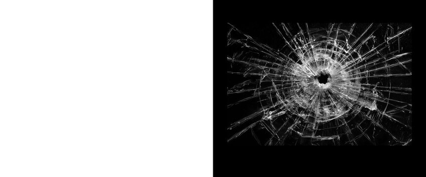 Broken Glass Texture with Bullet Hole Cracks on Black Background with White Copy Space