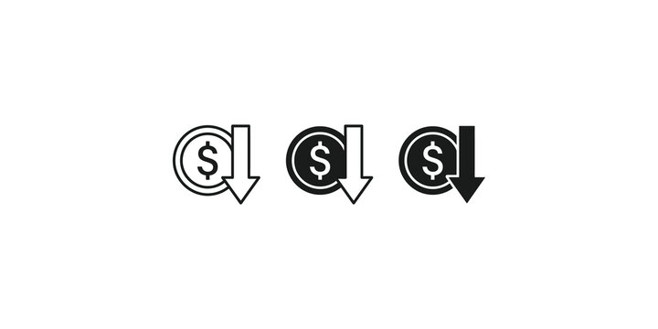 Three different dollar sign coin icons with down arrows indicating price drop or devaluation for financial reports.
