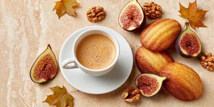 Golden-brown madeleines nestle beside a warm cup of coffee