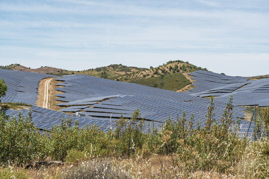 View of a large solar farm with rows of photovoltaic panels covering rolling hills, featuring a dirt access road and dry vegetation under a clear blue sky in Vaqueiros, Santarem, Portugal.
